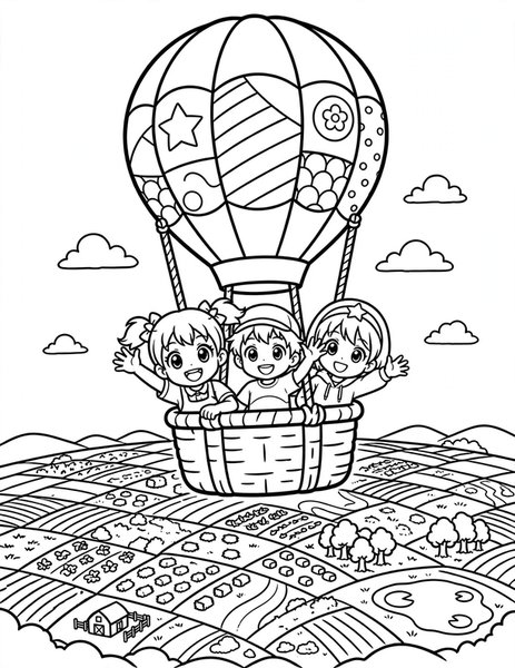 Hot Air Balloon Ride coloring page: Drift over patchwork fields.
