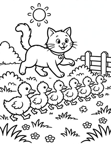 Cat and Ducklings coloring page: A cat leads a parade of fluffy ducklings across the yard.