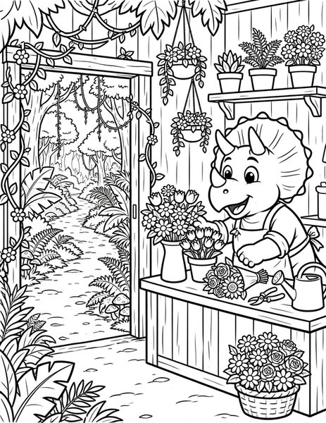 Triceratops Flower Shop coloring page: A cheerful triceratops arranges bright bouquets in her cozy flower shop by the jungle path.
