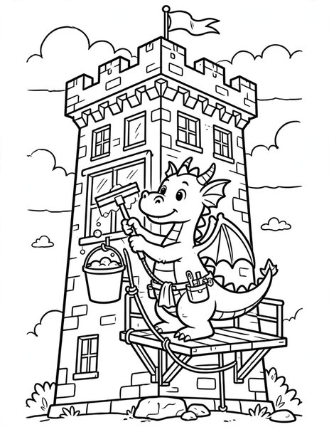 Dragon Window Washer coloring page: A diligent dragon washes windows on a tall tower with a squeegee and bucket.