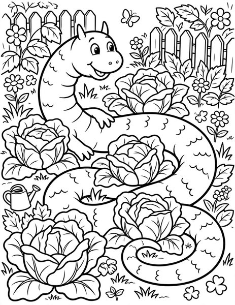 Lindworm Garden coloring page: A long lindworm curls happily among the cabbages in the garden.