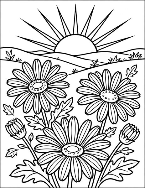 Osteospermum Sunrise coloring page: African daisies open to greet the sunrise.
