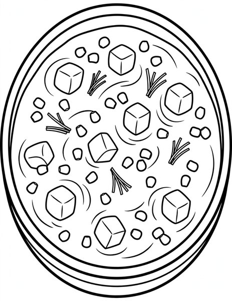 Corn Chowder coloring page: A creamy corn chowder with potatoes and corn kernels.