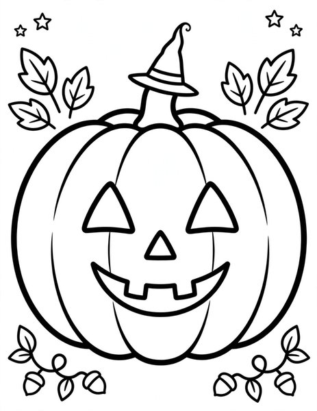 Jack-o'-Lantern with a Witch Hat coloring page: A jack-o'-lantern wears a tiny witch hat.