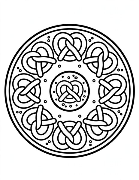 Pretzel Twist Mandala coloring page: Salty twists loop in a ring.