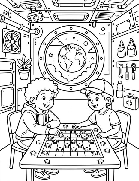 Cosmic Checkers coloring page: Two friends play checkers with star-shaped pieces on a space station.