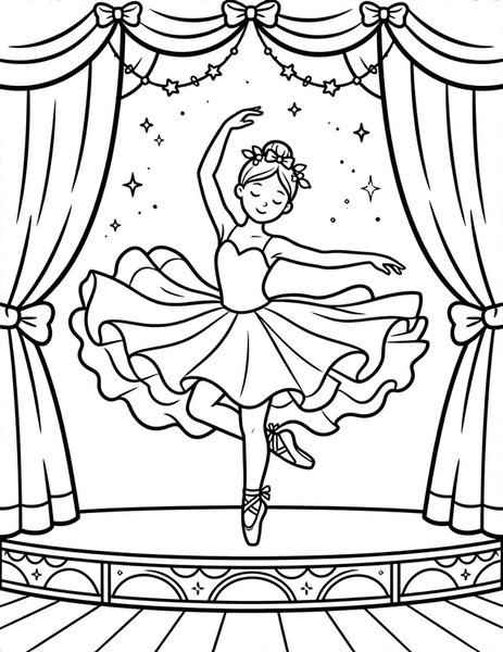 Ballet Twirl coloring page: A ballerina twirls gracefully in a flowing tutu.