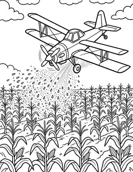 Crop Duster Dusting coloring page: A yellow crop duster swoops low over cornfields, trailing a misty spray.