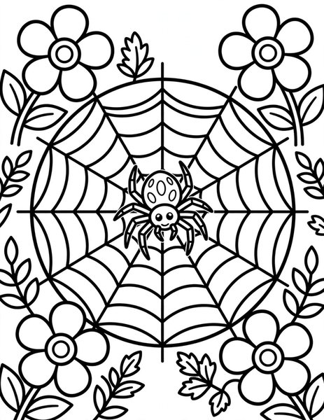 Garden Spider coloring page: A garden spider sits in the middle of its perfect orb web.