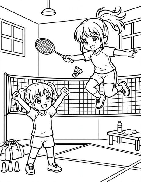 Badminton Rally coloring page: A shuttlecock soars over the gym net.