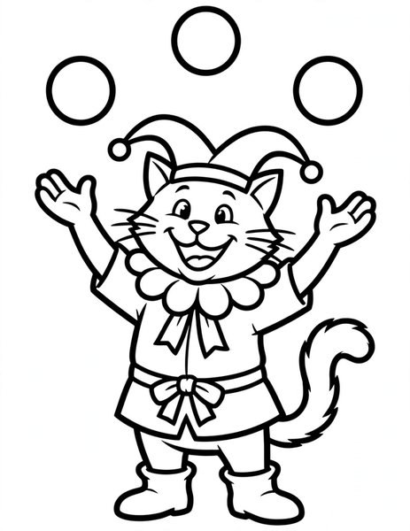 Cat Juggler coloring page: A cat juggler tosses three bright balls.