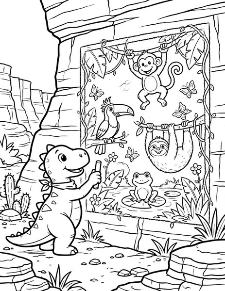 Chalk Mural Wall coloring page: A dinosaur draws a giant chalk mural of jungle friends on a smooth canyon wall.