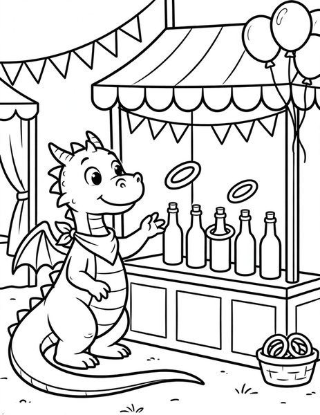 Dragon Ring Toss coloring page: A careful dragon tosses rings onto bottles at a carnival game booth.