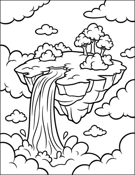 Floating Island coloring page: A floating island drifts by, waterfall spilling off its edge.
