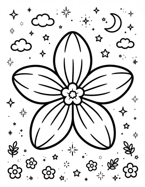 Petal Star Twinkle coloring page: A star made of petals twinkles in the night sky.
