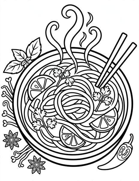 Pho Noodle Soup coloring page: A fragrant bowl of pho with herbs, lime, and beef.
