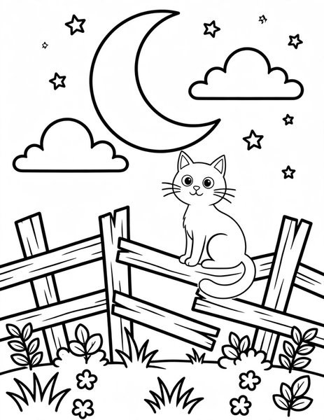 Black Cat on a Fence coloring page