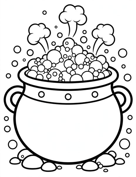 Bubbling Cauldron coloring page: A cauldron bubbles with green potion.