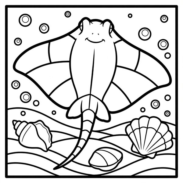 Stingray coloring page: A stingray gliding over a patterned seabed.