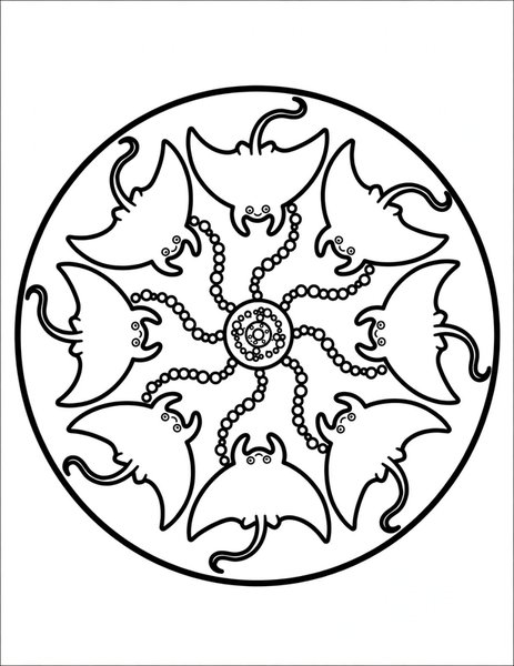 Ray Wing Mandala coloring page: Rays glide in a graceful ocean ring.