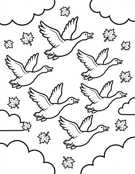 Geese Migration coloring page: A honking V of geese flies south for the winter.