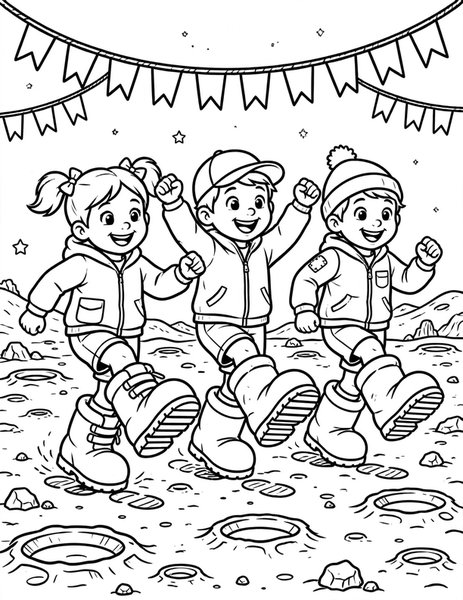 Moon Boot Parade coloring page: Kids stomp happily in big moon boots during a parade across the moon.