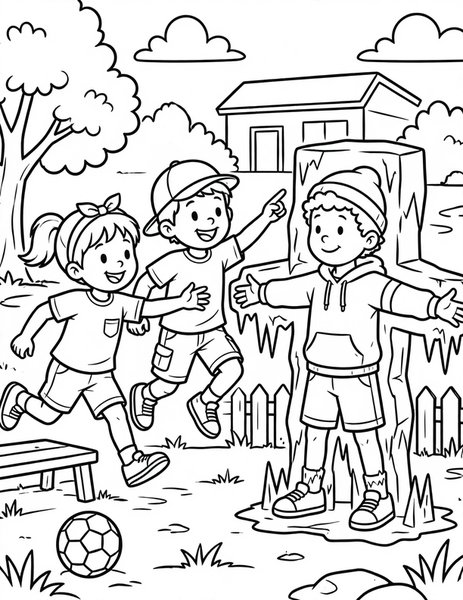 Freeze Tag coloring page: A frozen player waits, arms out, for a teammate's rescue tag.