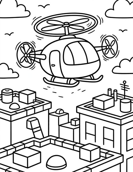 Air Taxi Flight coloring page: A futuristic air taxi with spinning propellers hops between city rooftops.