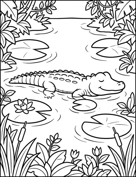 Caiman River Float coloring page: A caiman floats like a log on a calm jungle river.