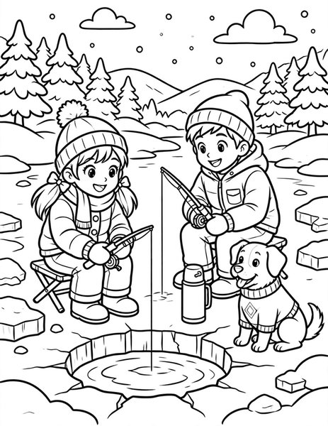 Frozen Lake Fishing coloring page: Friends fish through a frozen lake.