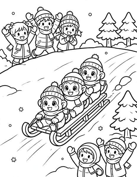 Snow Monkey Sled coloring page
