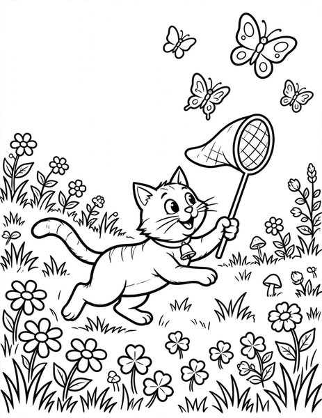 Cat Butterfly Net coloring page