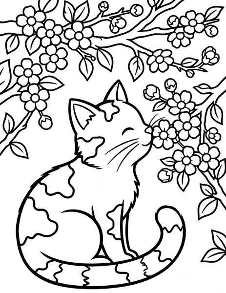 Tortoiseshell Bloom coloring page: A tortoiseshell cat sniffs spring blossoms.