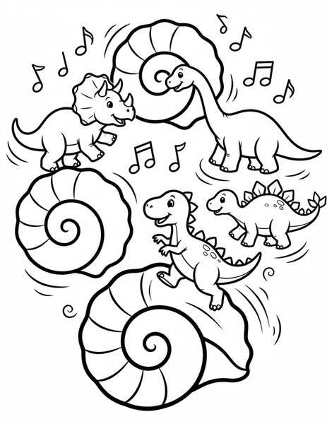 Musical Shells coloring page: Dinosaurs circle giant seashells while music plays, then hop onto one fast.