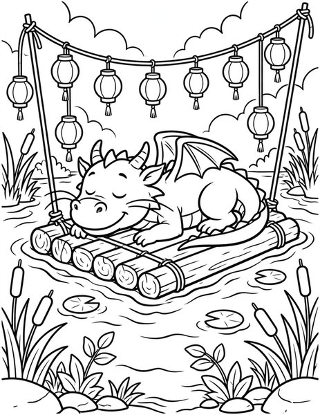 Dragon Raft Ride coloring page: A relaxed dragon floats down a river on a wooden raft strung with lanterns.