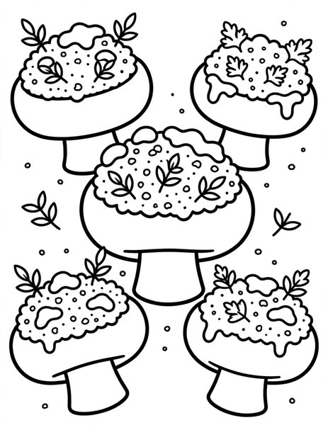 Stuffed Mushrooms coloring page: Mushroom caps stuffed with breadcrumbs and herbs.