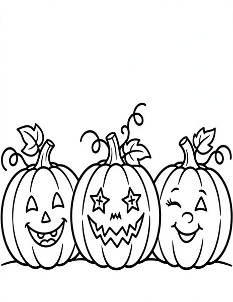 Jack-o'-Lantern Family coloring page: Three jack-o'-lanterns sit side by side.