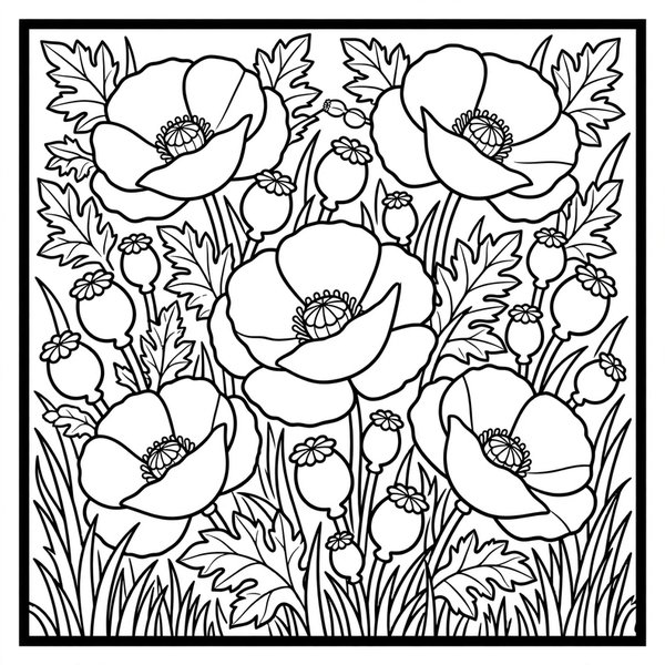 Poppy coloring page: Poppies with delicate bold petal panels.