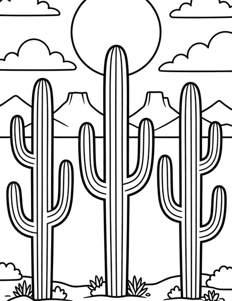 Saguaro Sunset coloring page: Tall saguaros stand like sentries in the sunset desert.