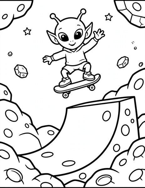 Meteor Skate Jam coloring page: An alien kid does skate tricks on a ramp made of a fallen meteor.