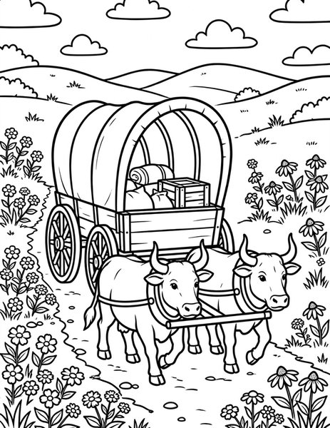 Covered Wagon coloring page: A covered wagon rolls along a pioneer trail.