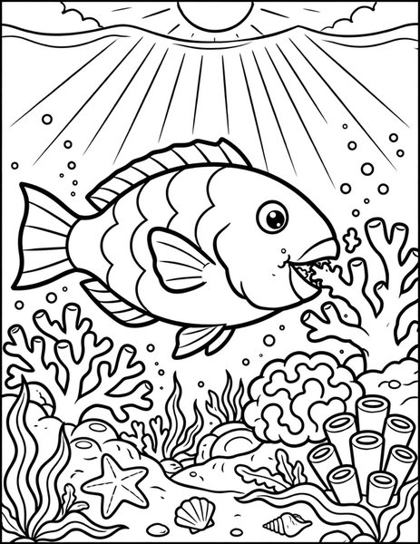 Parrotfish Crunch coloring page: A parrotfish crunches coral with its strong beak-like teeth.