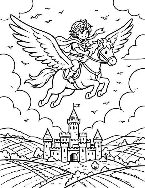 Pegasus Ride coloring page: A kid soars on a winged horse.