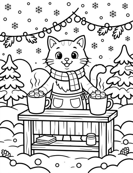 Cat Hot Chocolate Stand coloring page: A cat sells steaming hot chocolate from a snowy stand.