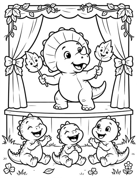 Protoceratops Puppet Show coloring page: A playful protoceratops puts on a puppet show with leaf puppets for giggling baby dinosaurs.