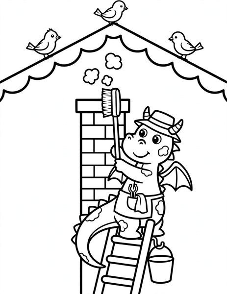 Dragon Chimney Sweep coloring page: A sooty dragon sweeps a chimney with a brush while birds watch from the roof.