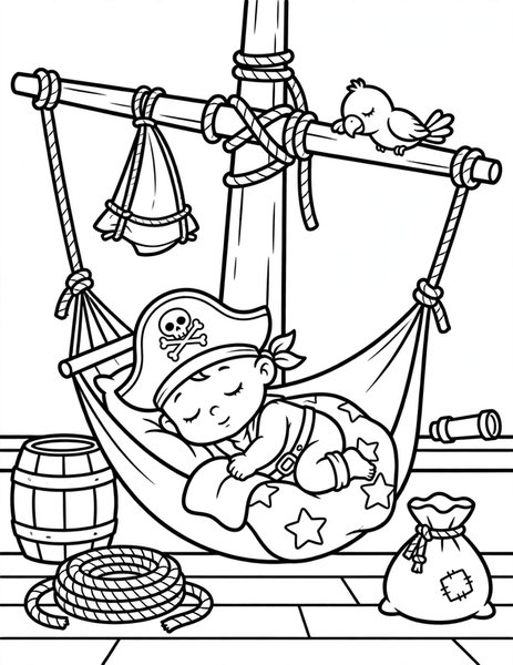 Baby Pirate coloring page: A baby pirate naps in a hammock made from a sail.