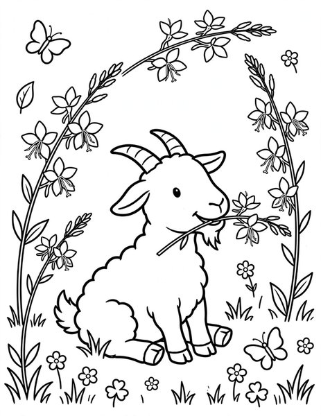 Goat in Gaura coloring page: A goat nibbles gaura wands in the meadow.