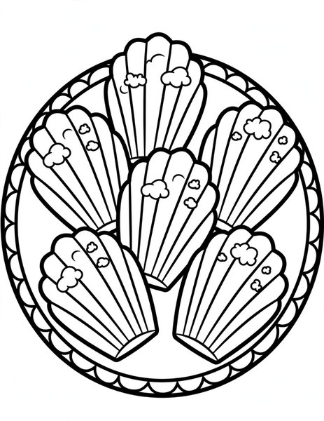 Lemon Madeleines coloring page: Little shell-shaped madeleines dusted with sugar.