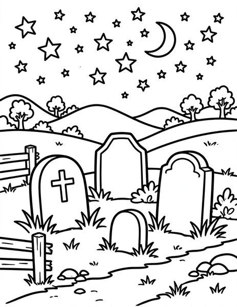 Graveyard at Night coloring page